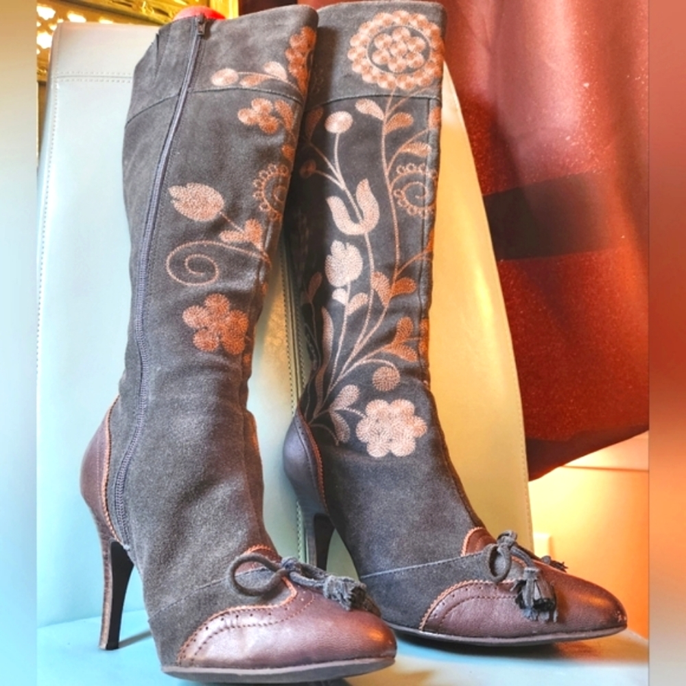 SAM EDELMAN Victorian Embroidery Suede Leather Zip BOW Ties Knee Boots 8.5 EUC - Picture 11 of 16
